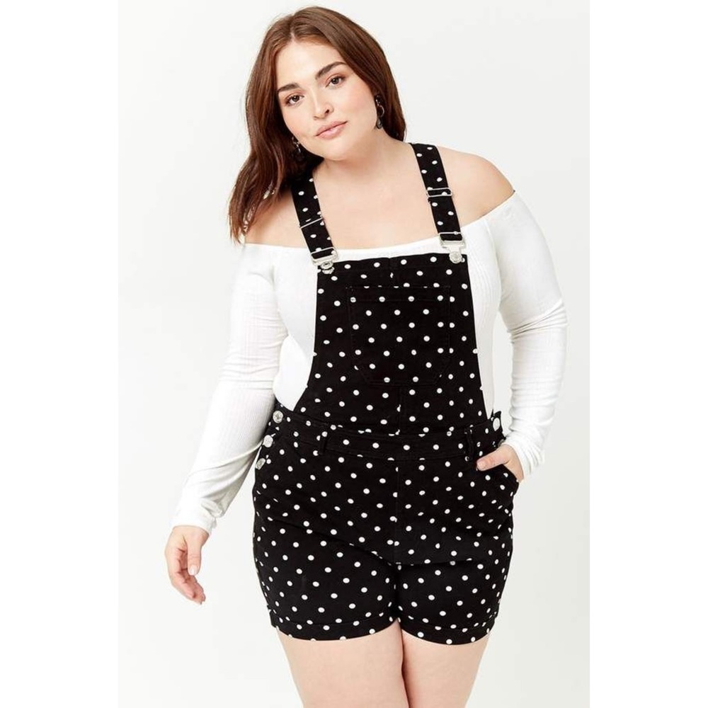 Forever 21 Plus Black Overalls with White Polka Dots